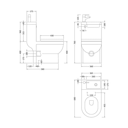 [BB23701P2] 1pc Integrated Toilet & Basin cw Tap - Technical Drawing