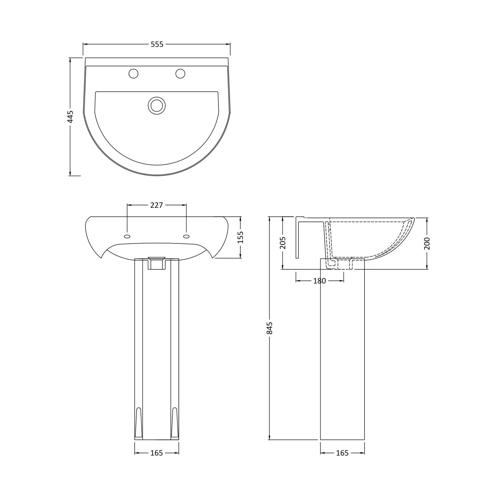 [BB3722A] Sleek Modern White 550mm Round Bathroom 2 Tap Hole Basin & Pedestal - Technical Drawing