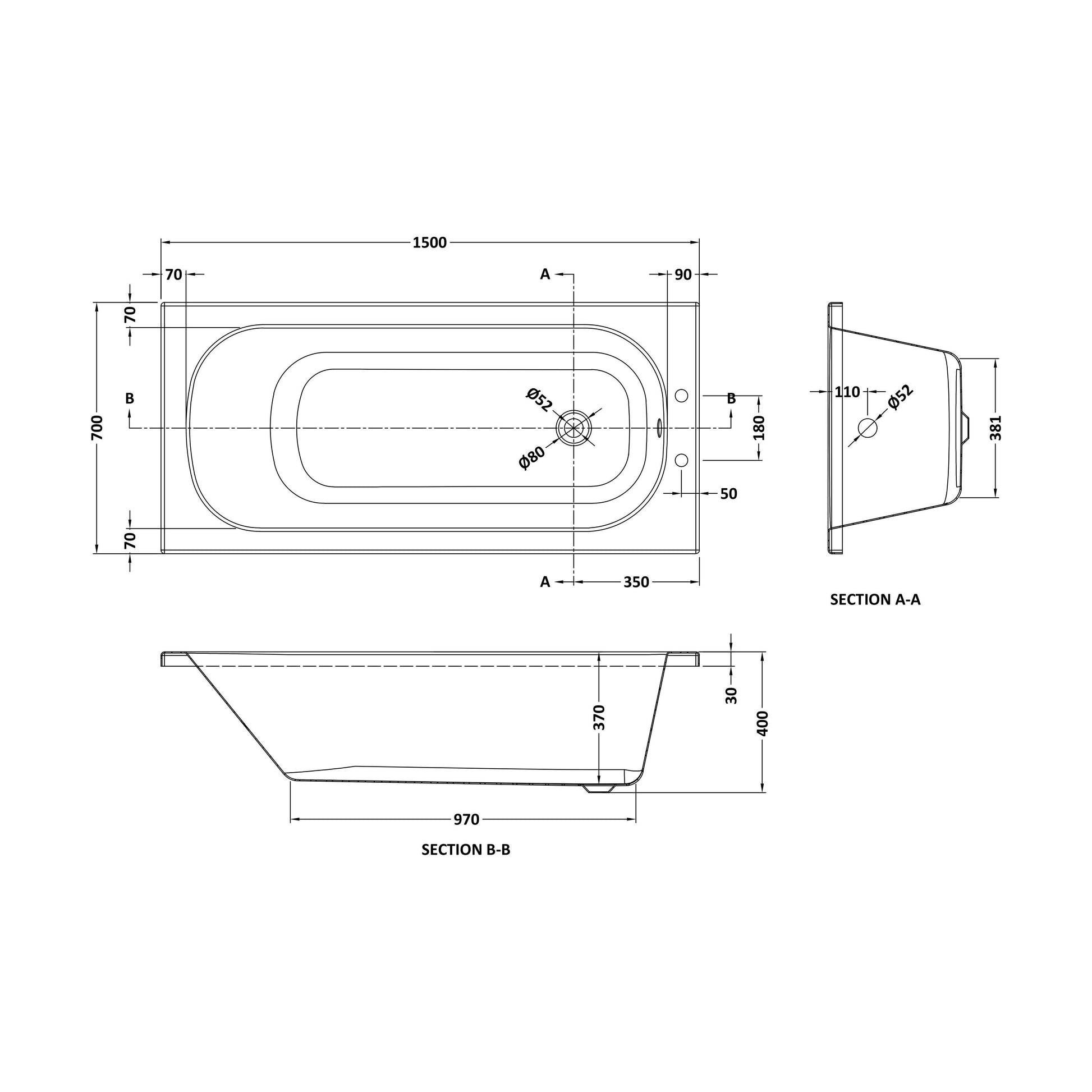 [BB500P2] Rectangular Single Ended Steel Bath 1500 x 700 x 390mm - Technical Drawing