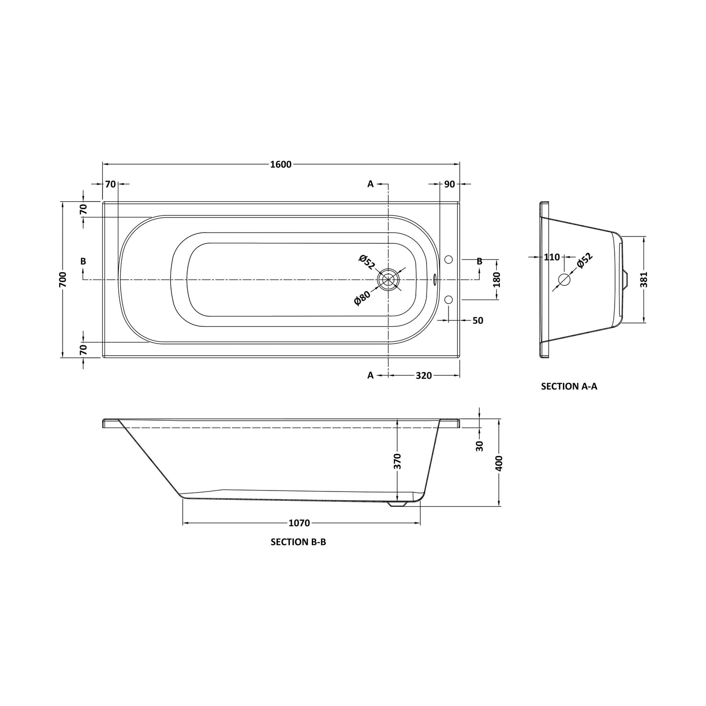 [BB600P2] Modern Rectangular SE Bath 1600x700x355mm 2 Tap Holes - White - Technical Drawing