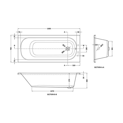 [BB600P2] Modern Rectangular SE Bath 1600x700x355mm 2 Tap Holes - White - Technical Drawing