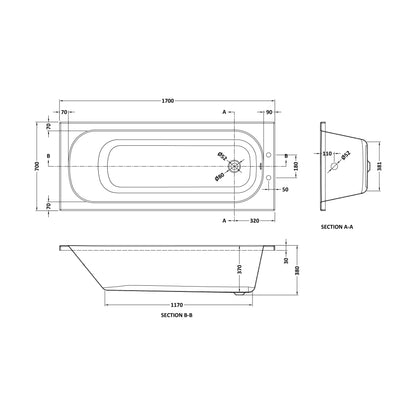 [BB700P2] Modern Rectangular SE 2TH Contract Bath 1500x700x390mm - White - Technical Drawing