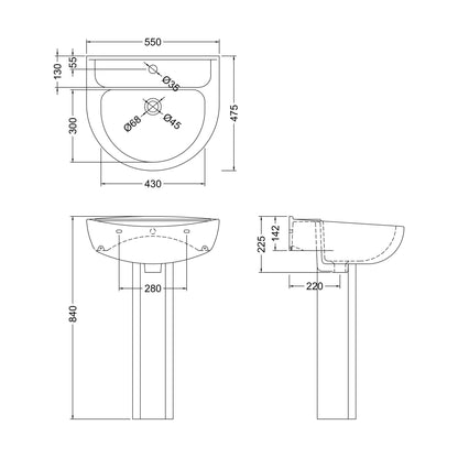 [BB7021T] Sleek Modern White 550mm Round Bathroom 1 Tap Hole Basin & Pedestal - Technical Drawing