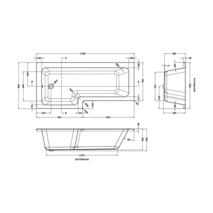 [BB7L18L] Arley 1700mm L-bath & legs LH - Technical Drawing