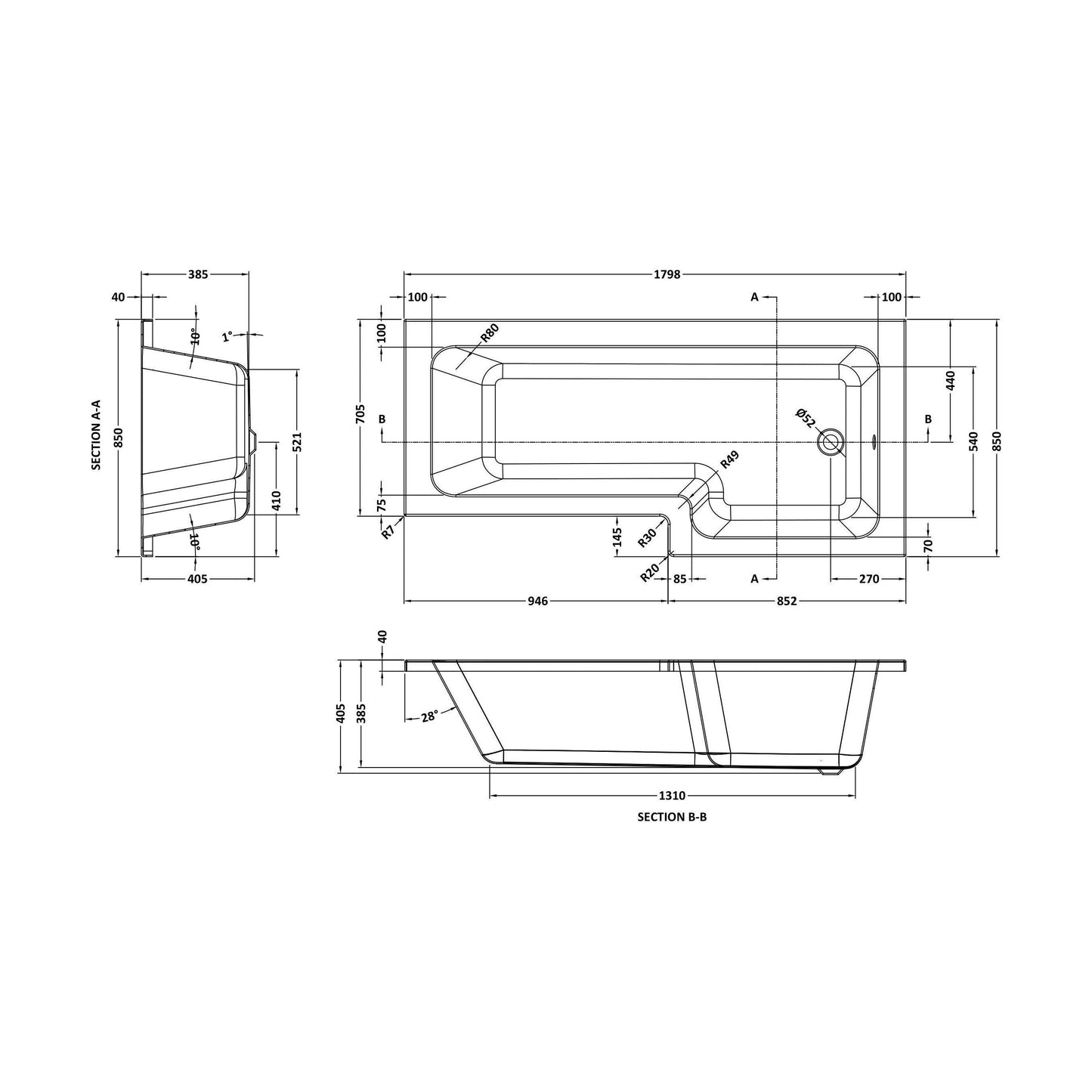 [BB7L18R] Arley 1700mm L-bath & legs RH - Technical Drawing