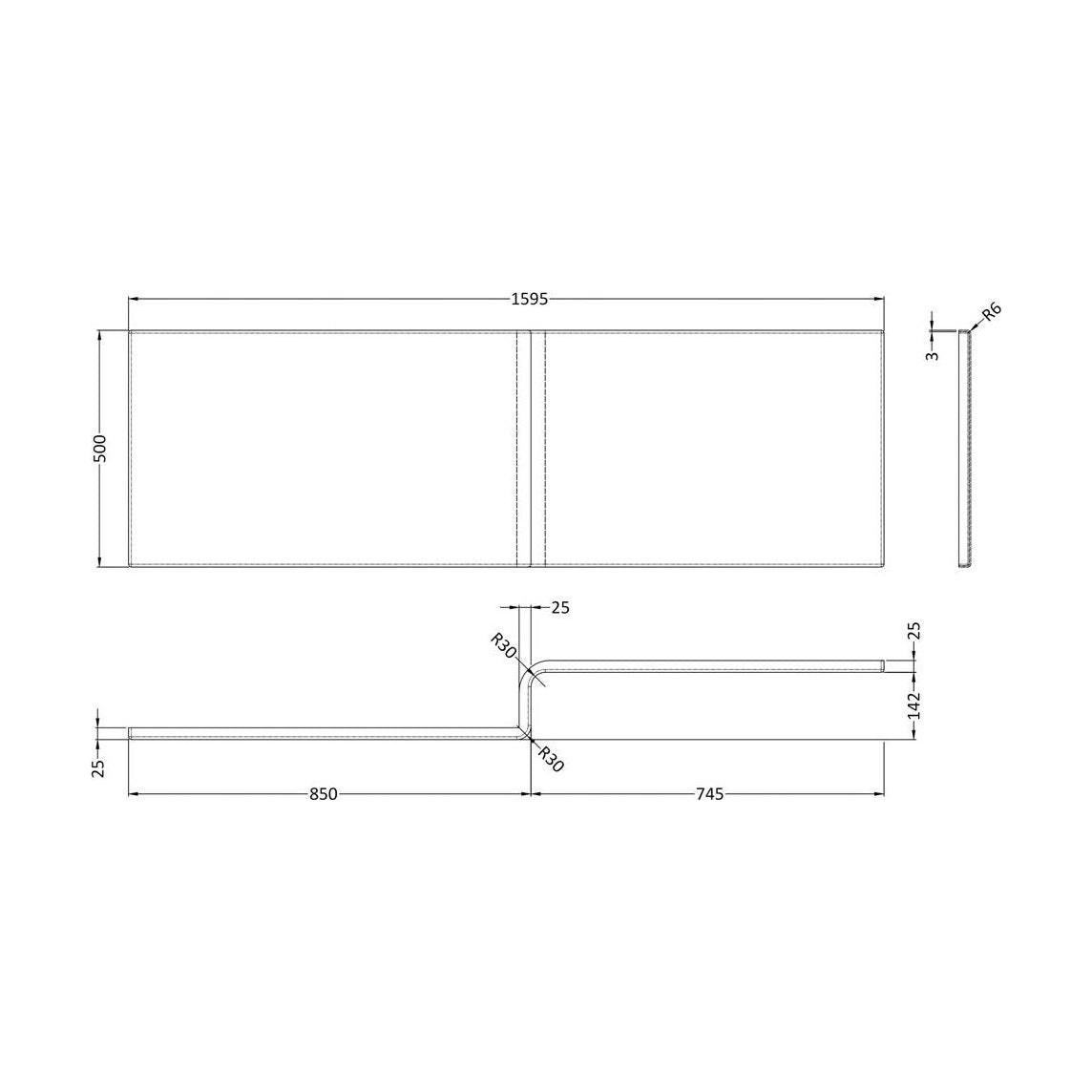 [BB7LP16] 1600mm L Shaped Front Panel - Technical Drawing