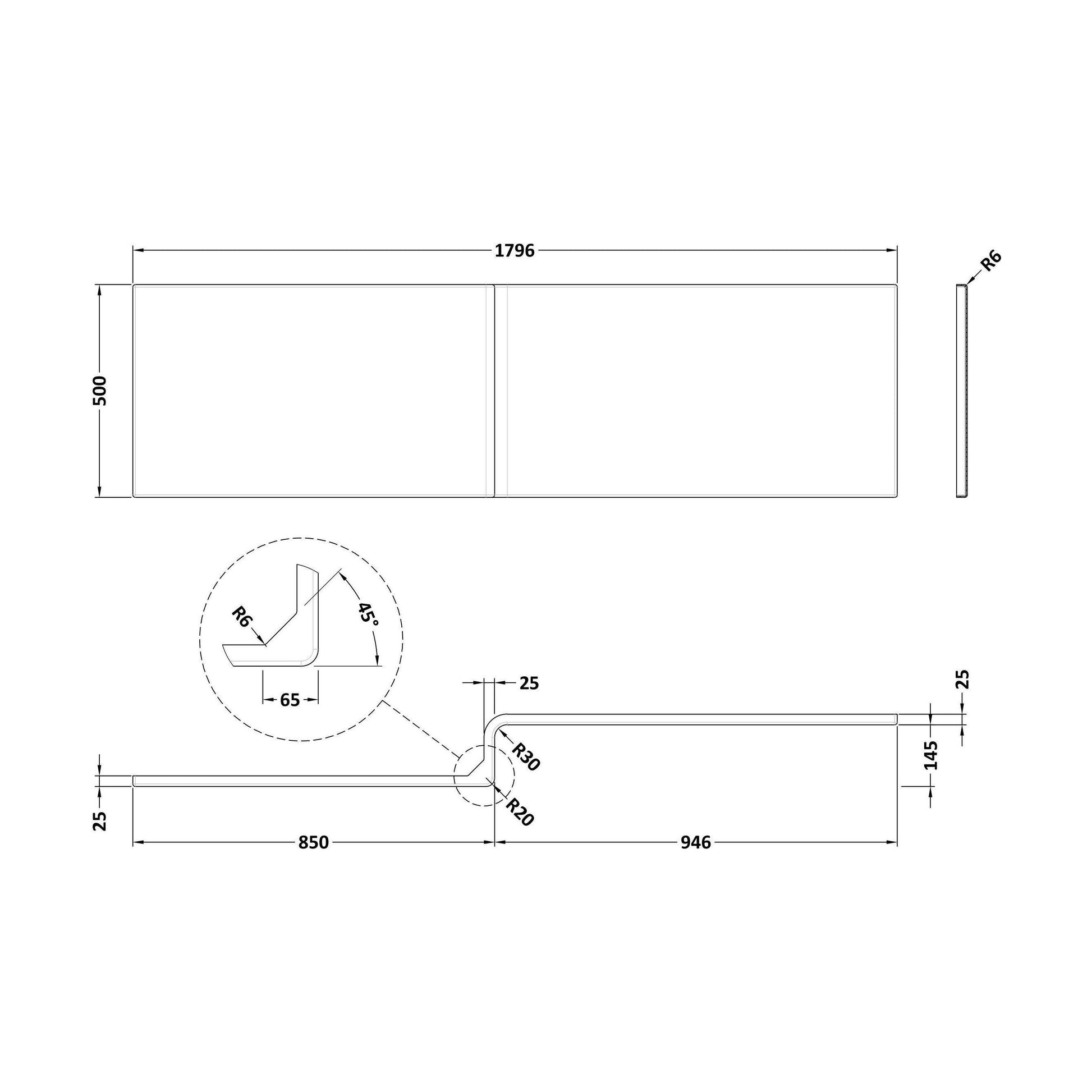 [BB7LP18] 1800 L Shower Bath Front Panel - Technical Drawing