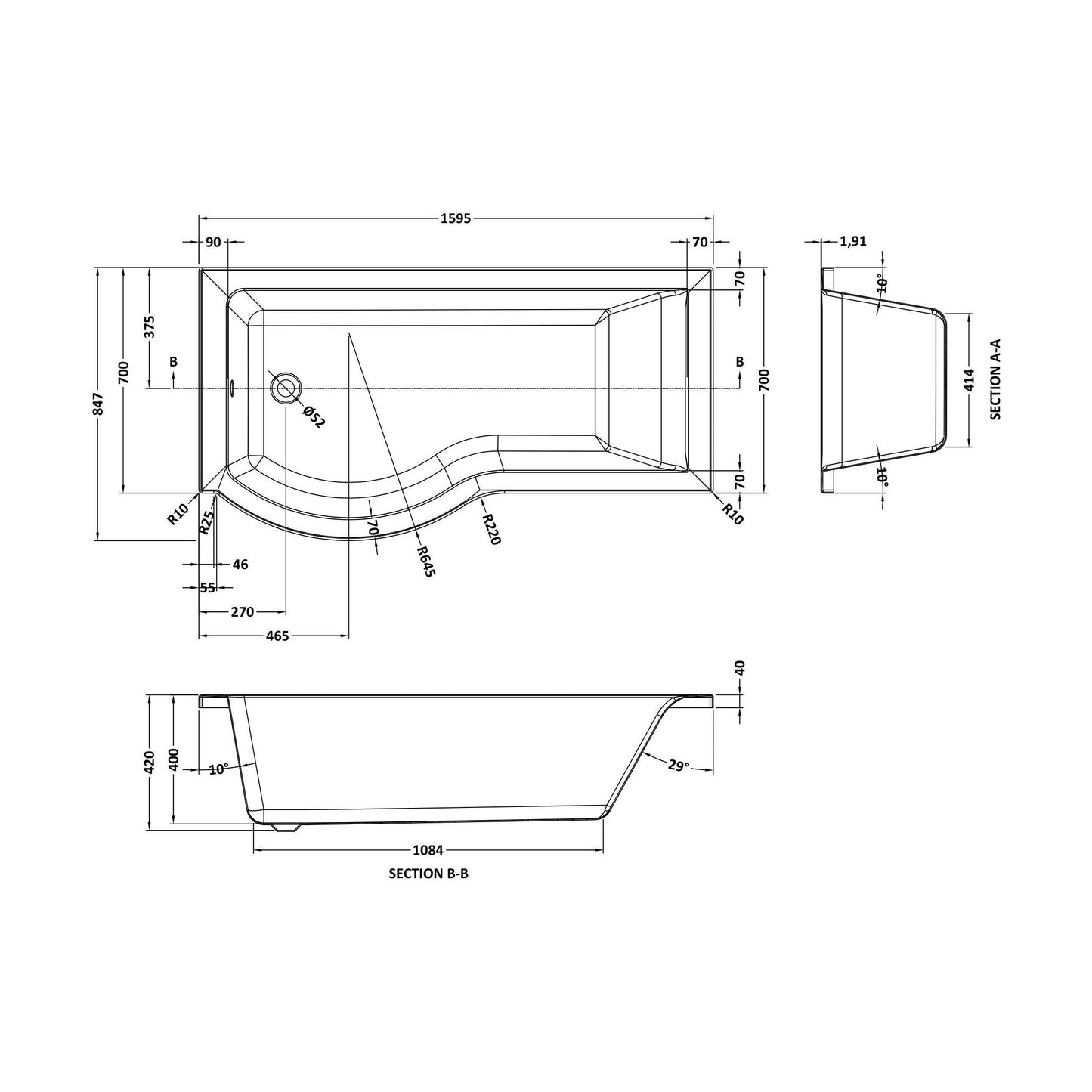 [BB7P16L] P SHAPED SHOWER BATH LH 1600x900x740x565 - Technical Drawing