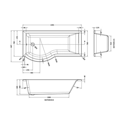 [BB7P16L] P SHAPED SHOWER BATH LH 1600x900x740x565 - Technical Drawing