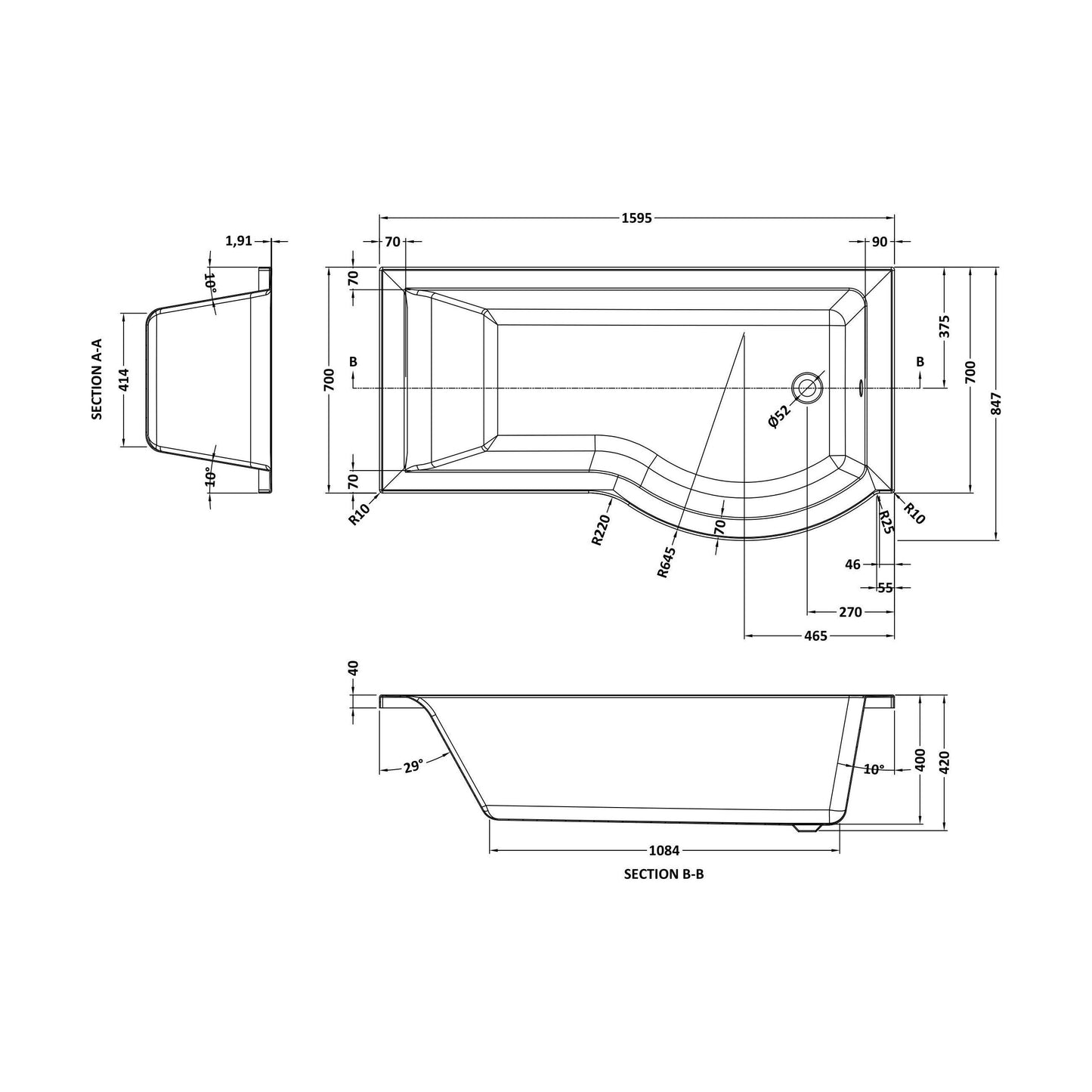 [BB7P16R] P SHAPED SHOWER BATH RH 1600x900x740x565 - Technical Drawing