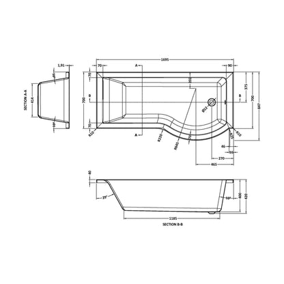 [BB7P17R] P SHAPED SHOWER BATH RH 1700x900x740x565 - Technical Drawing