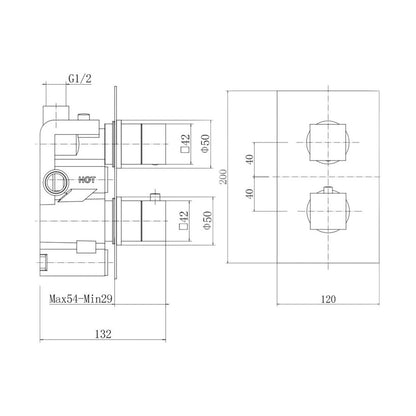 [BB9310BRS] Balterley Modern Wall Mounted Concealed Thermostatic Square Twin Handle Single Outlet Shower Valve, 200x120mm Brushed Brass Finish - Technical Drawing