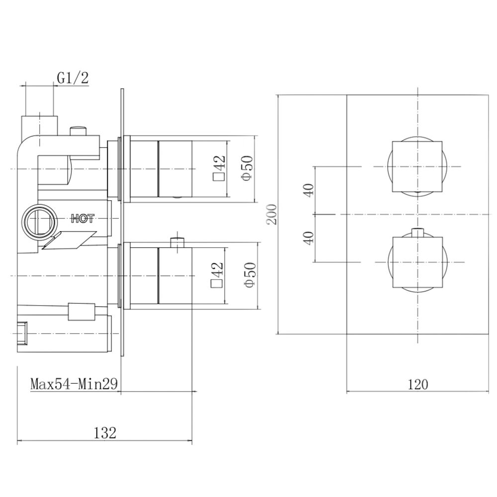 [BB9310BRS] Balterley Modern Concealed Twin Handle Square Thermostatic Shower Valve, 200x120mm - Brushed Brass Finish - Technical Drawing