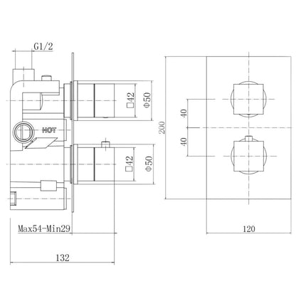 [BB9310BRS] Balterley Modern Concealed Twin Handle Square Thermostatic Shower Valve, 200x120mm - Brushed Brass Finish - Technical Drawing
