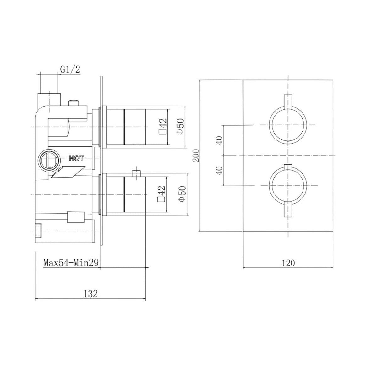 [BB9312BL] Balterley Modern Wall Mounted Concealed Thermostatic Twin Handle Shower Valve Durable Brass, 200x120mm - Matt Black Finish - Technical Drawing