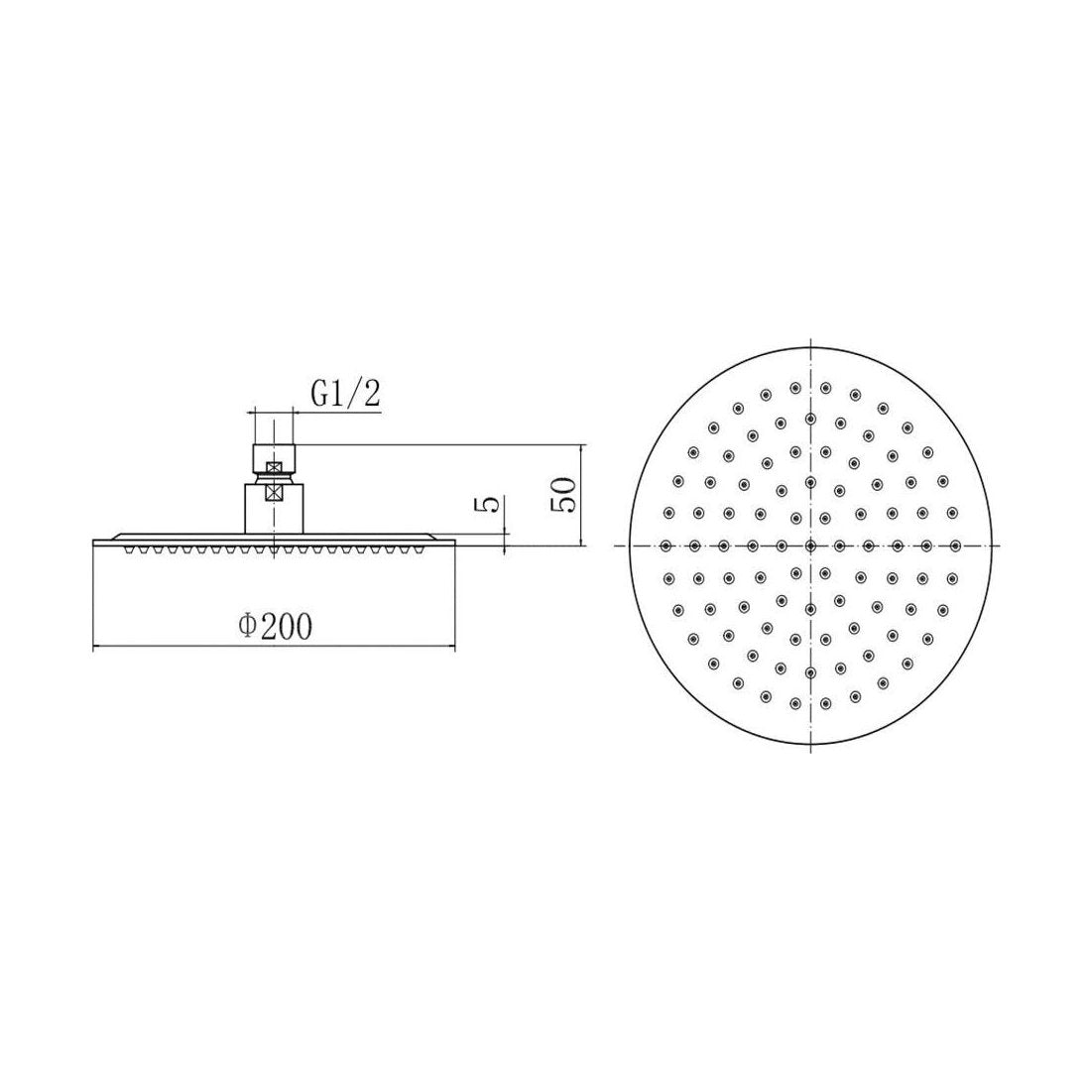 [BB9332] Balterley Modern Bathroom Round 6mm Slimline Ultra Thin Shower Head Stainless Steel, 200mm - Chrome Finish - Technical Drawing