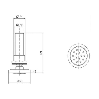 [BB9335] Balterley Bathroom Adjustable Round Body Jet Solid Brass Construction, 10.5 cm Diameter - Chrome Finish - Technical Drawing