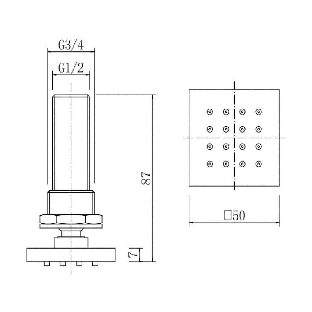 [BB9336] Balterley Bathroom Adjustable Square Body Jet Solid Brass Construction, 10.5 cm Diameter - Chrome Finish - Technical Drawing