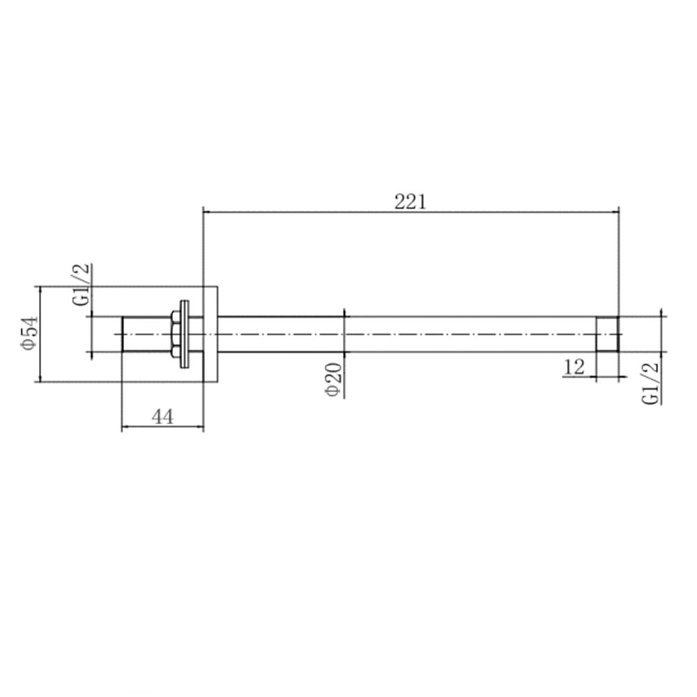 [BB9342BL] Balterley Modern Long Round Ceiling Mounted Shower Arm, 221mm - Matt Black - Technical Drawing