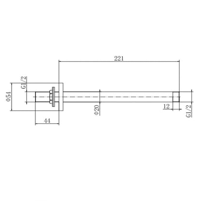 [BB9342BL] Balterley Modern Long Round Ceiling Mounted Shower Arm, 221mm - Matt Black - Technical Drawing