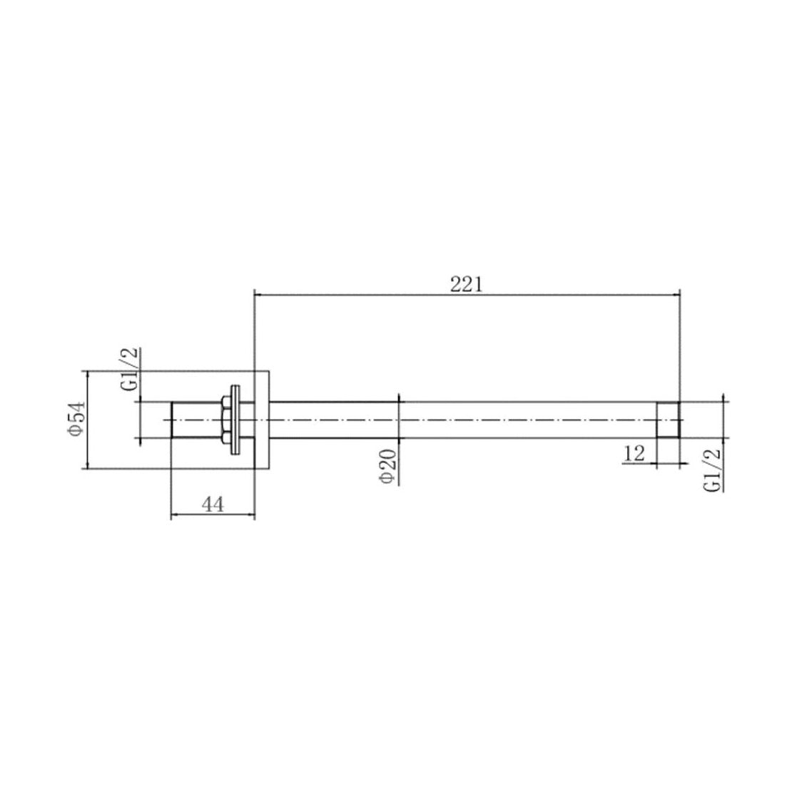 [BB9342] Balterley Modern Bathroom Long Round Ceiling Mounted Shower Arm Durable Stainless Steel Construction, 221mm - Chrome Finish - Technical Drawing