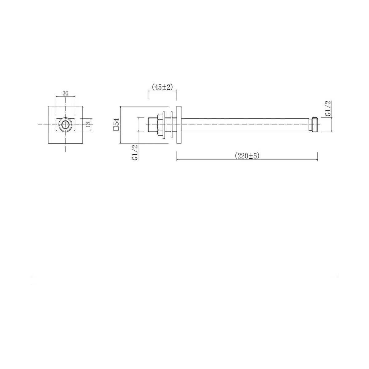 [BB9345] Balterley Modern Bathroom Long Square Ceiling Mounted Shower Arm Durable Stainless Steel Construction, 220mm - Chrome Finish - Technical Drawing