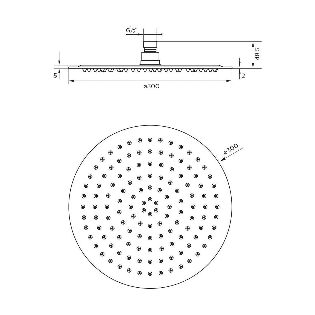 [BB9392] Balterley Deluxe Round Fixed Ultra Thin Slimline Shower Head Durable Stainless Steel Construction, 300x300mm - Chrome Finish - Technical Drawing