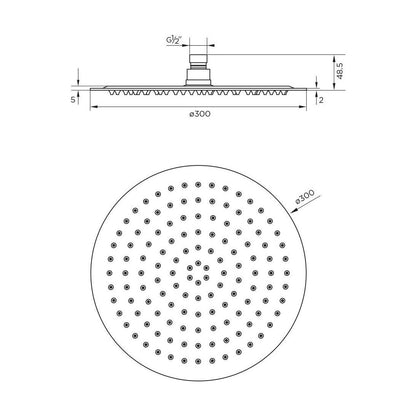 [BB9392] Balterley Deluxe Round Fixed Ultra Thin Slimline Shower Head Durable Stainless Steel Construction, 300x300mm - Chrome Finish - Technical Drawing
