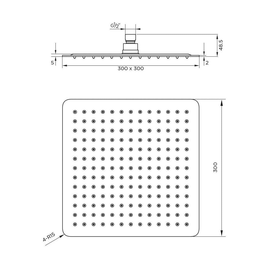 [BB9393] Balterley Deluxe Square Fixed Ultra Thin Slimline Shower Head Durable Stainless Steel Construction, 300x300mm - Chrome Finish - Technical Drawing