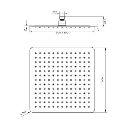 [BB9393] Balterley Deluxe Square Fixed Ultra Thin Slimline Shower Head Durable Stainless Steel Construction, 300x300mm - Chrome Finish - Technical Drawing