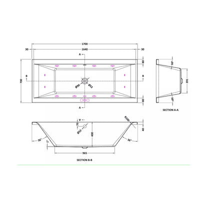 [BBA209-J12] Balterley Modern Square Double Ended Straight Whirlpool Bath with 12 Chrome Jets and Leg Set, 1700 x 700mm - Technical Drawing