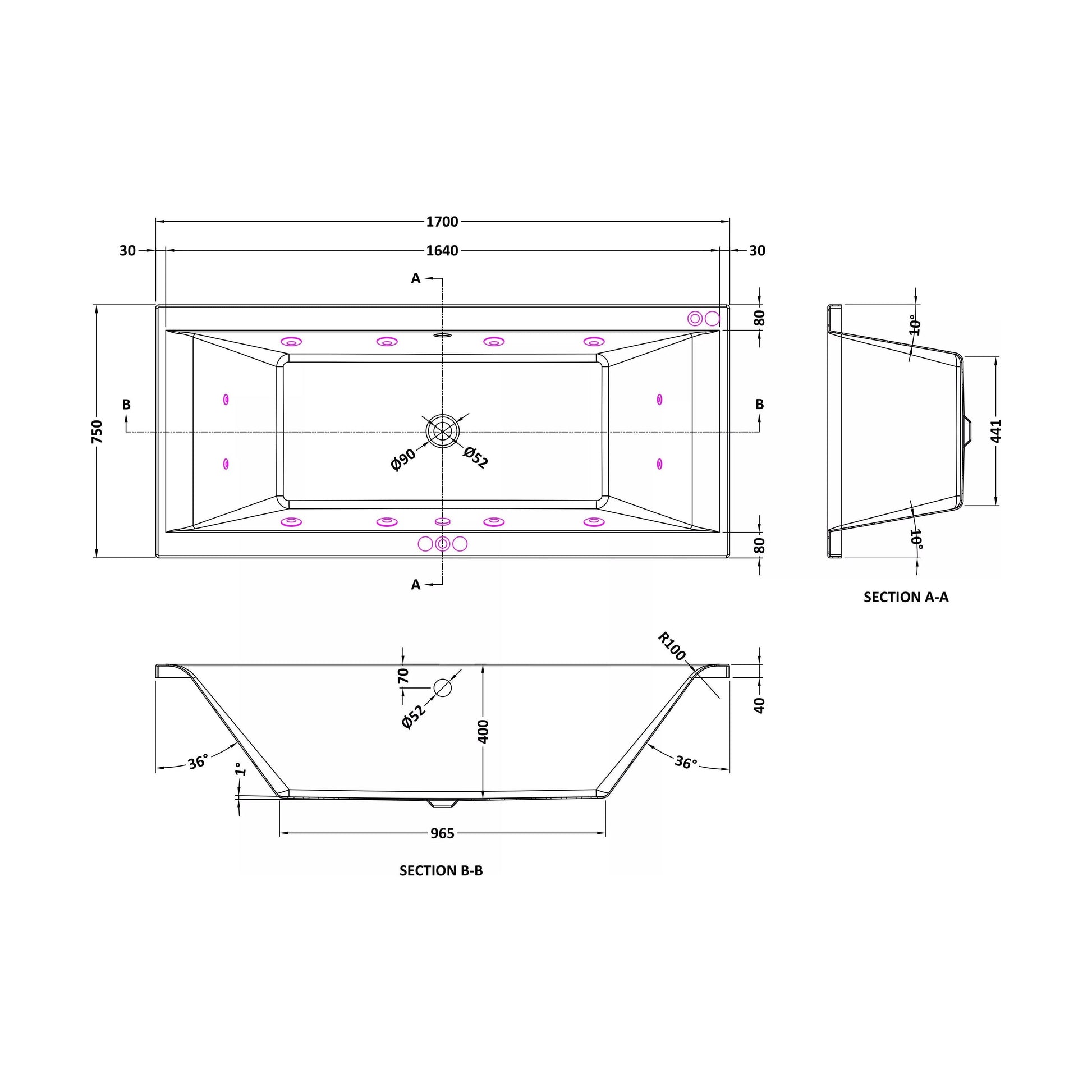 [BBA210-J12] Balterley Modern Square Double Ended Straight Whirlpool Bath with 12 Chrome Jets and Leg Set, 1700 x 750mm - Technical Drawing