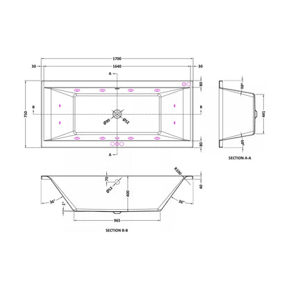 [BBA210-J12] Balterley Modern Square Double Ended Straight Whirlpool Bath with 12 Chrome Jets and Leg Set, 1700 x 750mm - Technical Drawing