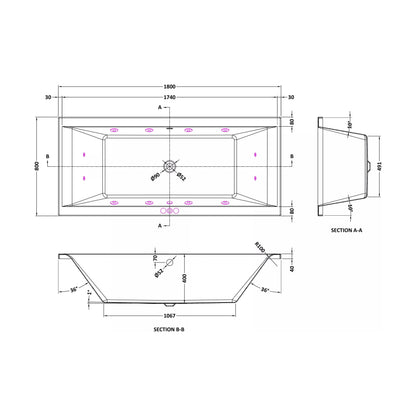 [BBA214-J12] Balterley Modern Square Double Ended Straight Whirlpool Bath with 12 Chrome Jets and Leg Set, 1800 x 800mm - Technical Drawing