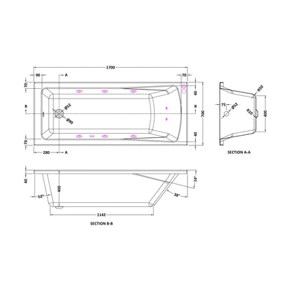 [BBA409-J8] Balterley Modern Square Single Ended Straight Whirlpool Bath with 8 Chrome Jets and Leg Set 1700 x 700mm - Technical Drawing