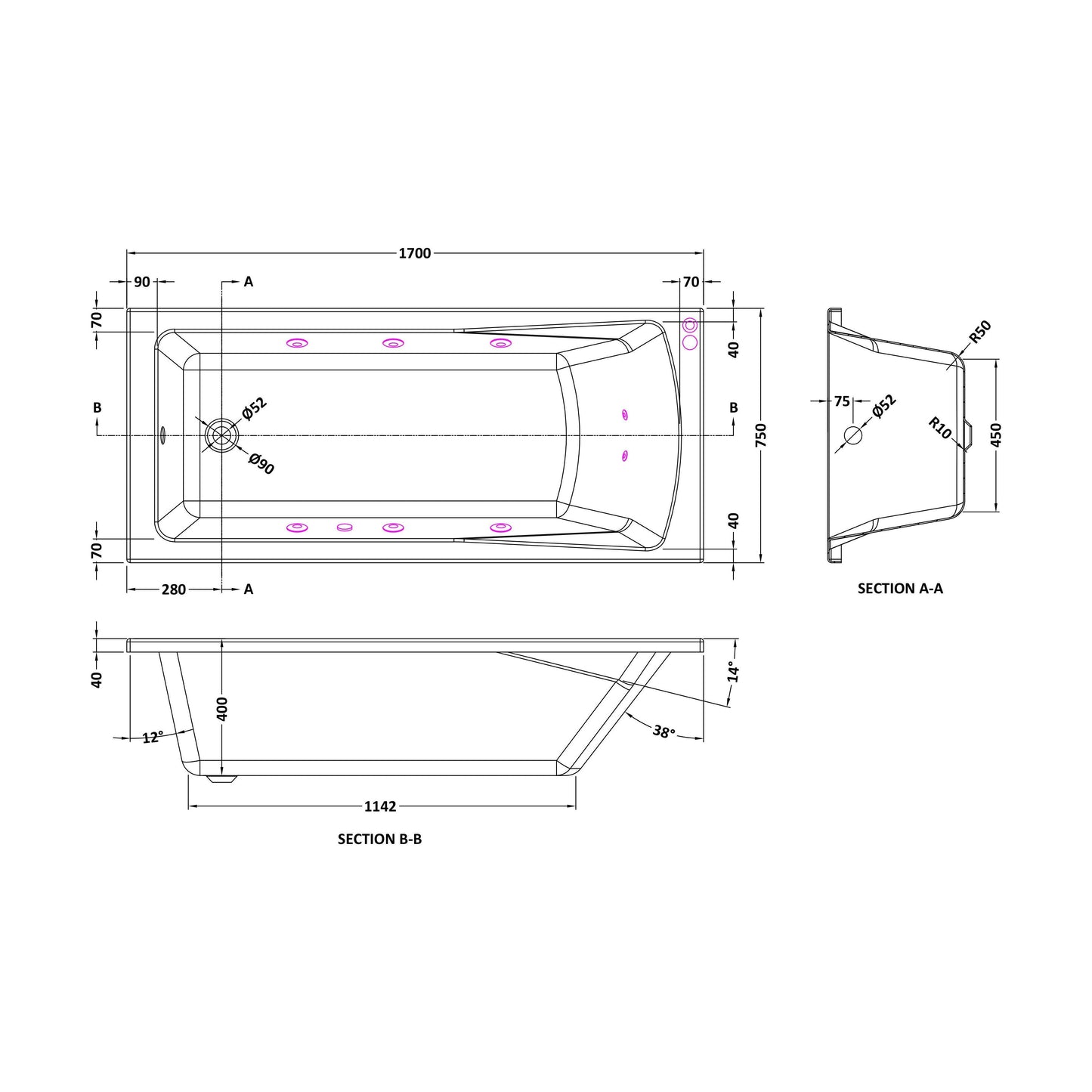 [BBA410-J8] Balterley Modern Square Single Ended Straight Whirlpool Bath with 8 Chrome Jets and Leg Set, 1700 x 750mm - Technical Drawing