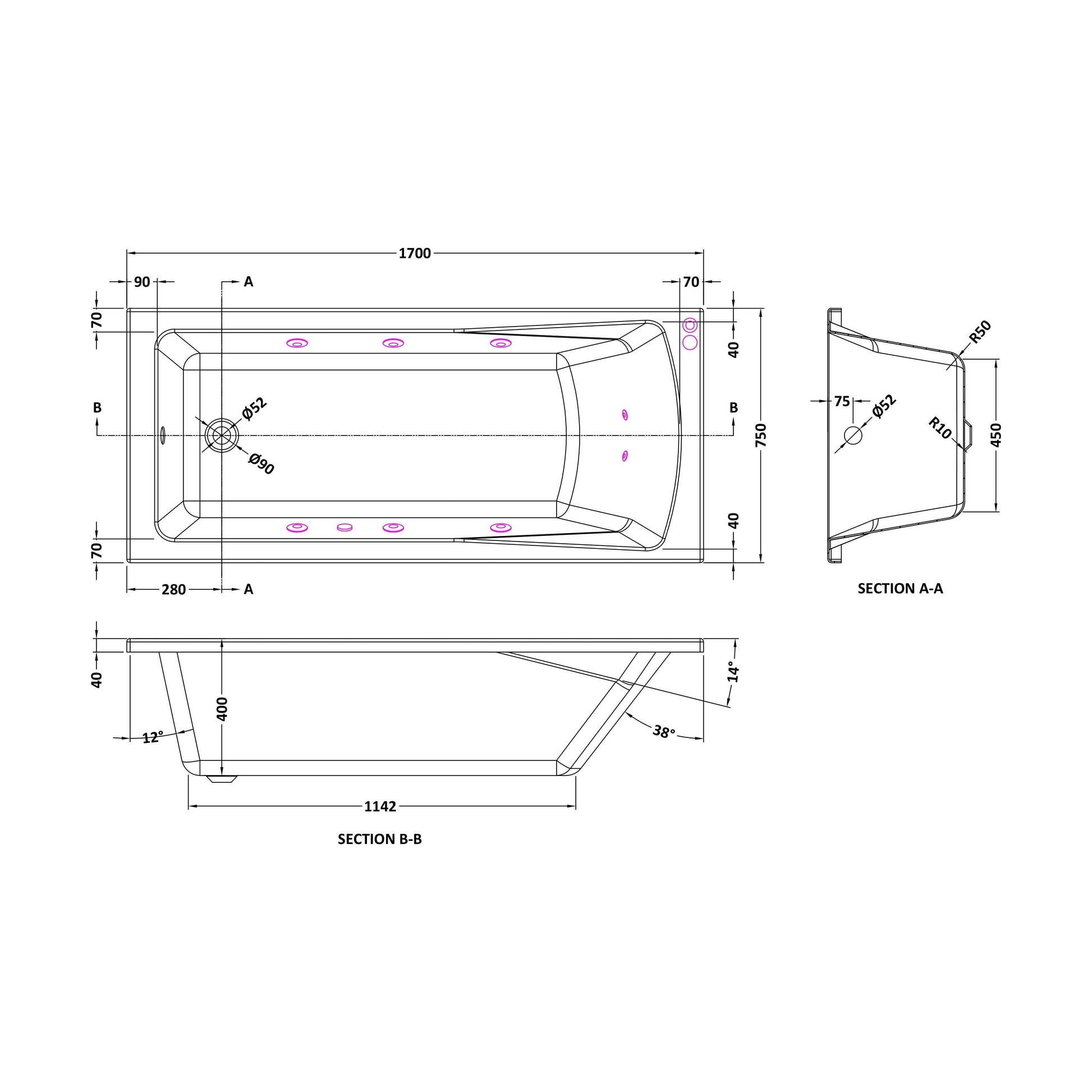 [BBA410-J8] Balterley Modern Square Single Ended Straight Whirlpool Bath with 8 Chrome Jets and Leg Set, 1700 x 750mm - Technical Drawing