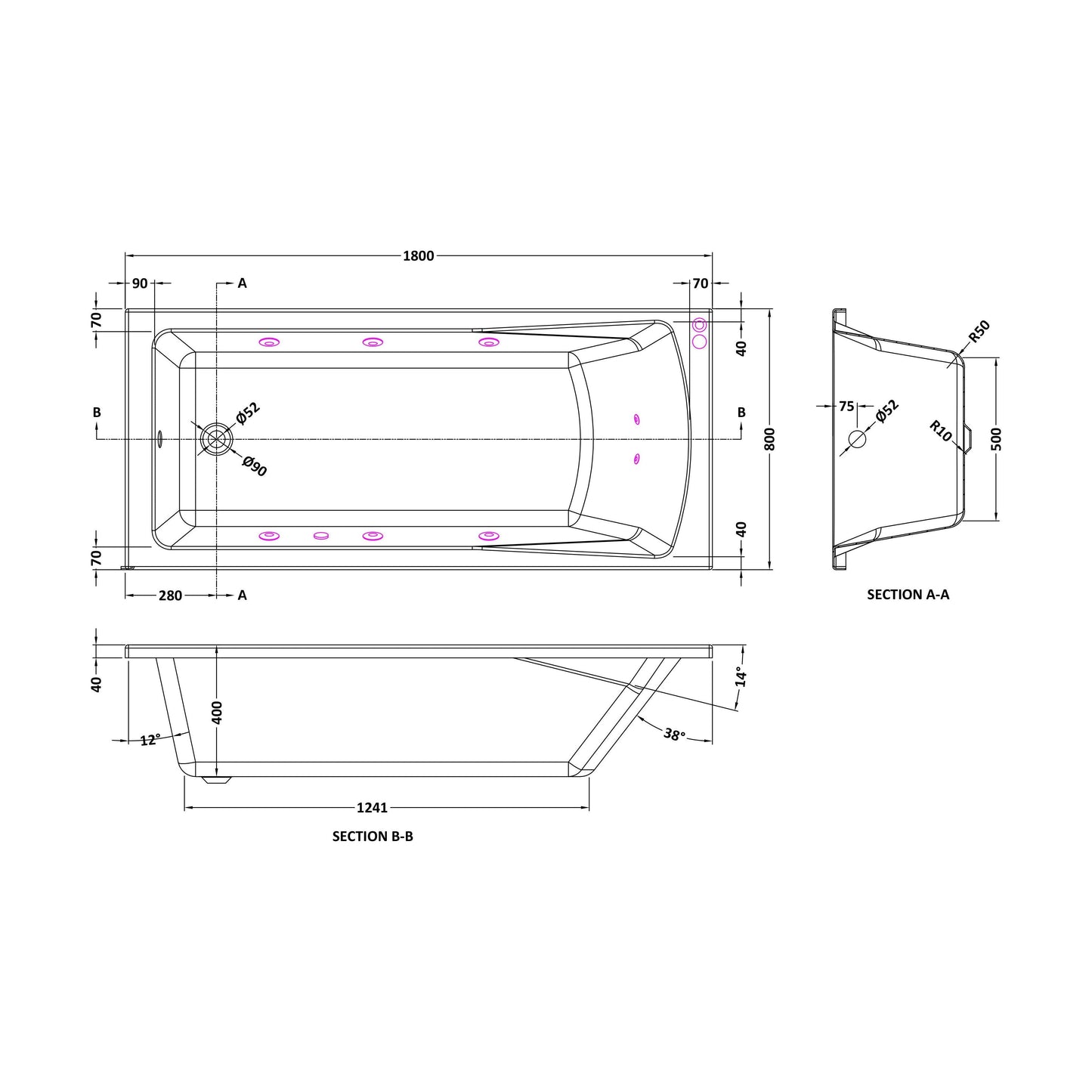 [BBA414-J8] Balterley Modern Square Single Ended Straight Whirlpool Bath with 8 Chrome Jets and Leg Set, 1800 x 800mm - Technical Drawing