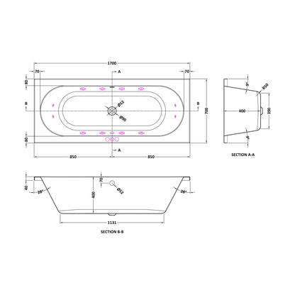 [BBA509-J12] Balterley Modern Round Double Ended Whirlpool Bath with 12 Chrome Jets and Leg Set, 1700 x 700mm - Technical Drawing