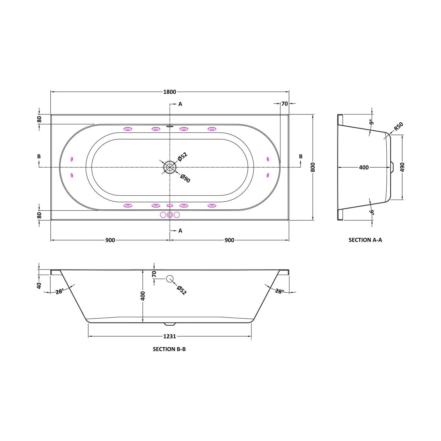 [BBA514-J12] Balterley Modern Round Double Ended Whirlpool Bath with 12 Chrome Jets and Leg Set, 1800 x 800mm - Technical Drawing