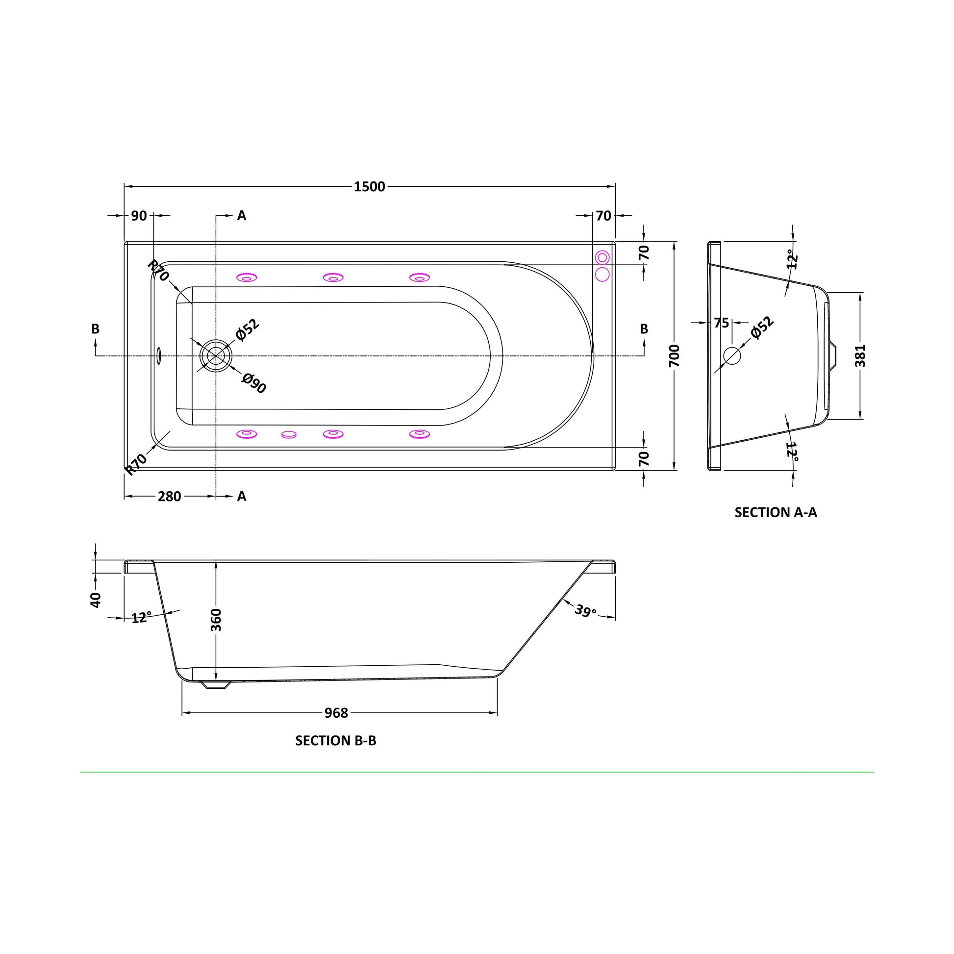 [BBA605-J6] Balterley Modern Round Single Ended Straight Whirlpool Bath with 6 Chrome Jets and Leg Set, 1500 x 700mm - Technical Drawing