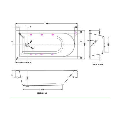 [BBA605-J6] Balterley Modern Round Single Ended Straight Whirlpool Bath with 6 Chrome Jets and Leg Set, 1500 x 700mm - Technical Drawing