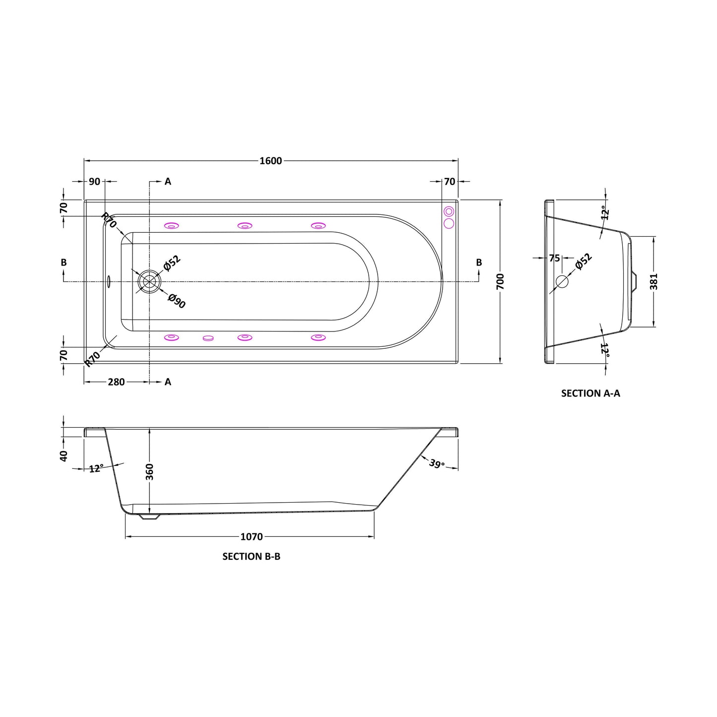[BBA607-J6] Balterley Modern Round Single Ended Straight Whirlpool Bath with 6 Chrome Jets and Leg Set, 1600 x 700mm - Technical Drawing
