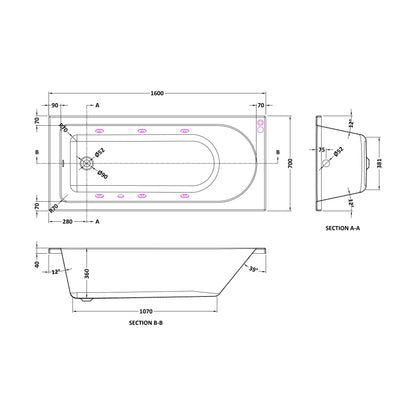 [BBA607-J6] Balterley Modern Round Single Ended Straight Whirlpool Bath with 6 Chrome Jets and Leg Set, 1600 x 700mm - Technical Drawing