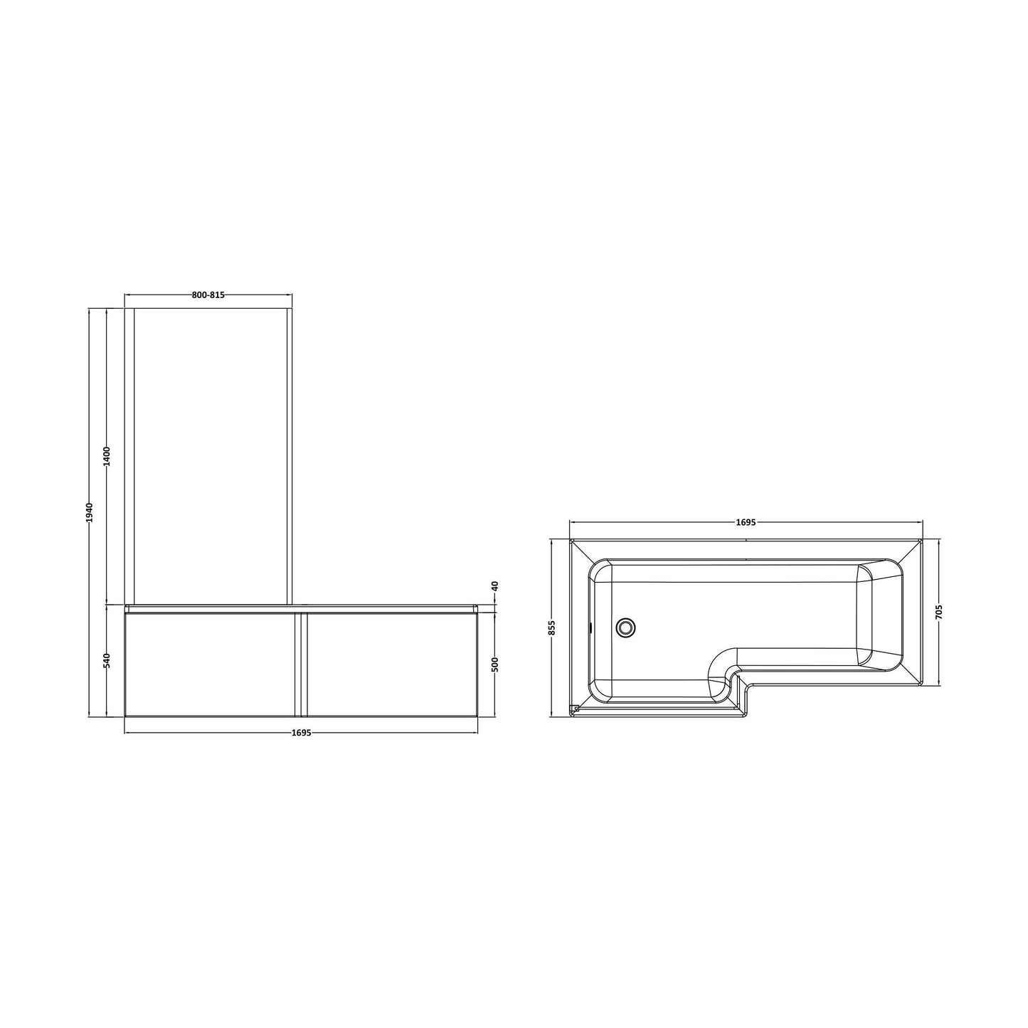 [BBATH05] Balterley 1700 mm Left Hand L Shape Square Shower Bath with Glass Screen & Matching Front Panel Modern White Design - Technical Drawing