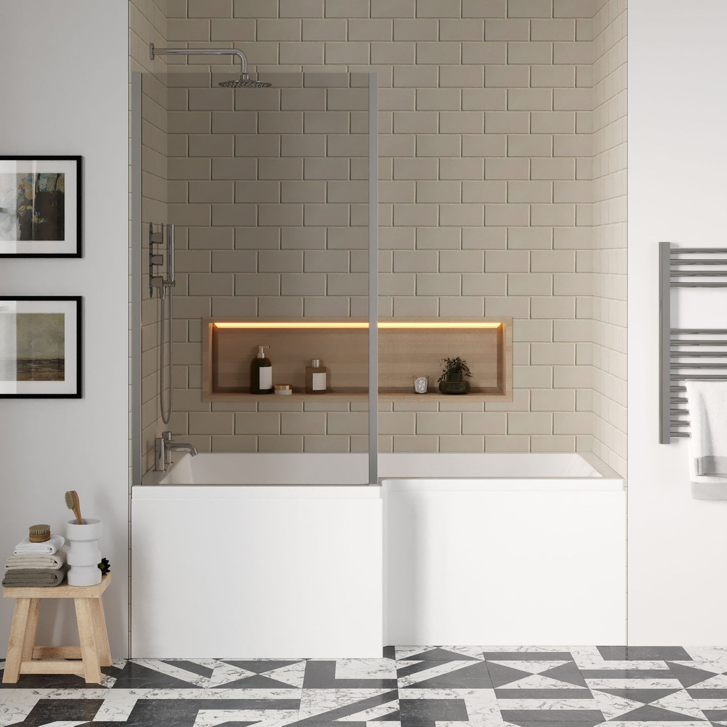 [BBATH05] Balterley 1700 mm Left Hand L Shape Square Shower Bath with Glass Screen & Matching Front Panel Modern White Design - Lifestyle 1