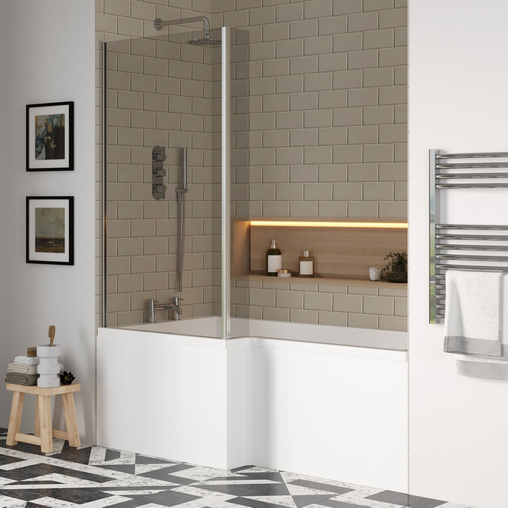 [BBATH05] Balterley 1700 mm Left Hand L Shape Square Shower Bath with Glass Screen & Matching Front Panel Modern White Design - Lifestyle 3