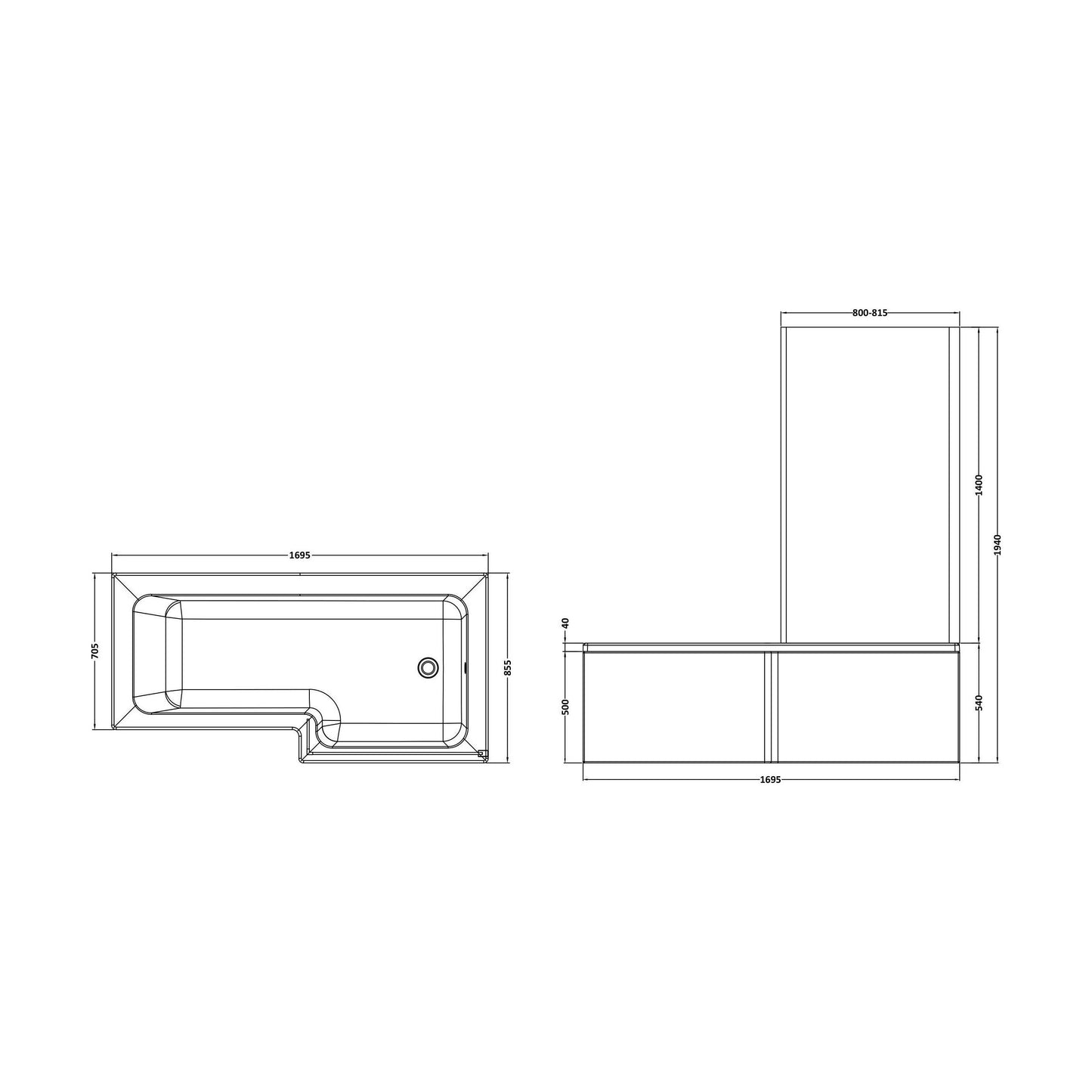 [BBATH06] Balterley 1700 mm Right Hand L Shape Square Shower Bath with Glass Screen & Matching Front Panel Modern White Design - Technical Drawing