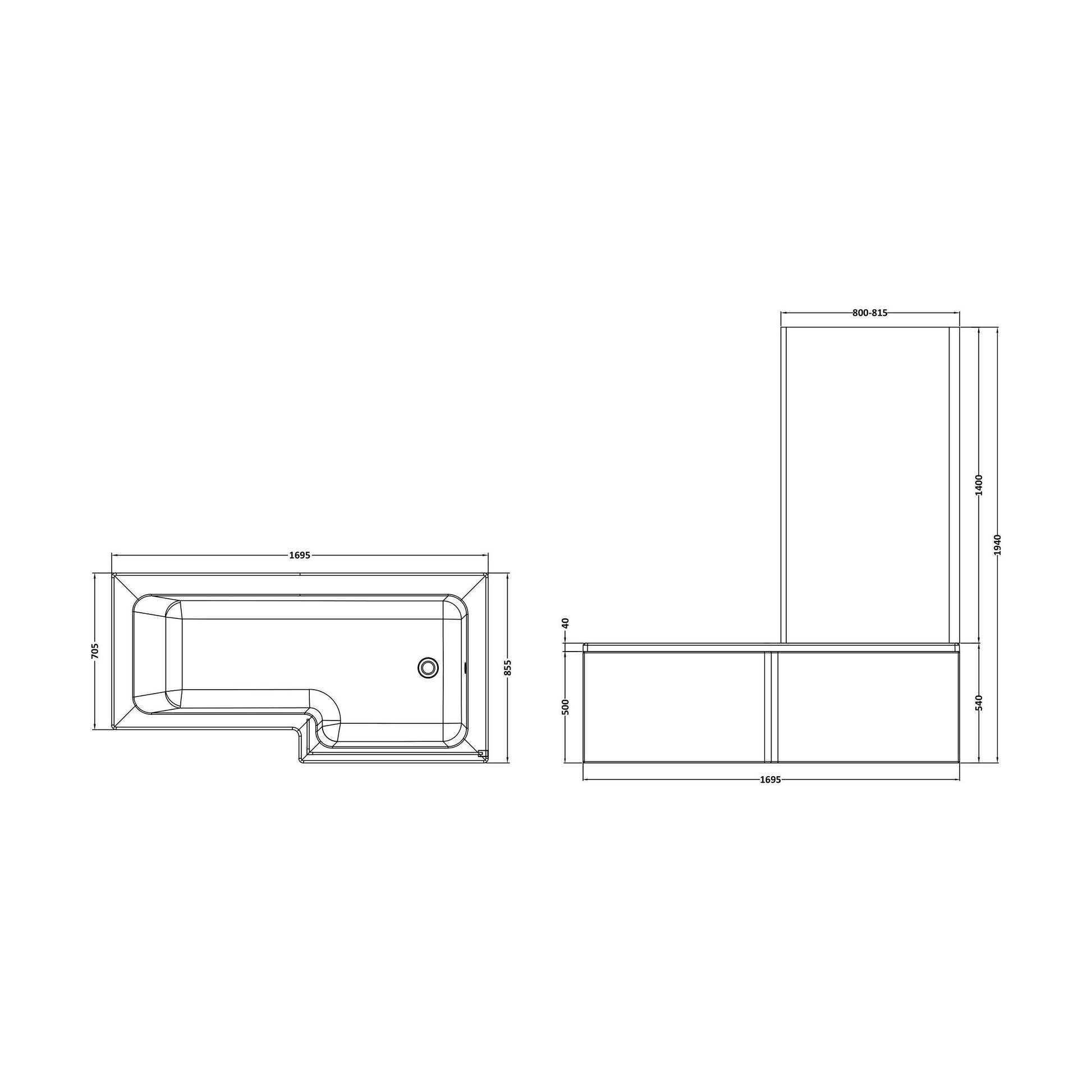 [BBATH06] Balterley 1700 mm Right Hand L Shape Square Shower Bath with Glass Screen & Matching Front Panel Modern White Design - Technical Drawing