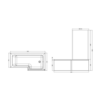 [BBATH06] Balterley 1700 mm Right Hand L Shape Square Shower Bath with Glass Screen & Matching Front Panel Modern White Design - Technical Drawing